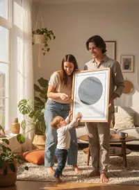 A couple holding a large framed star map print in a sunlit living room while their toddler reaches up to touch it
