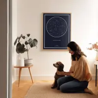 Woman with a dog and a starrymaps.com print on the wall.
